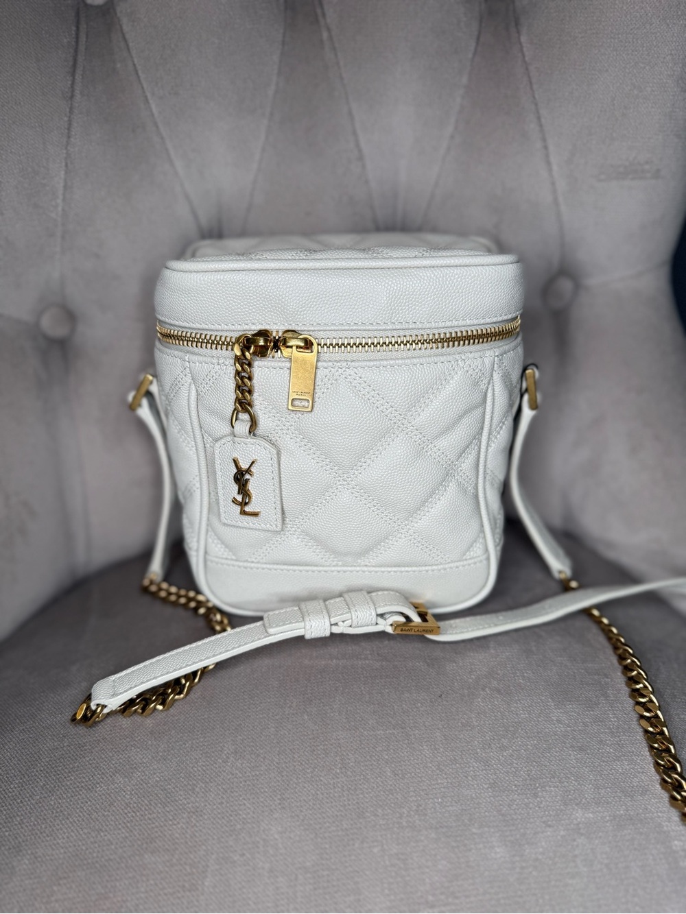Saint Laurent White Quilted Vanity Bag with Gold Hardware